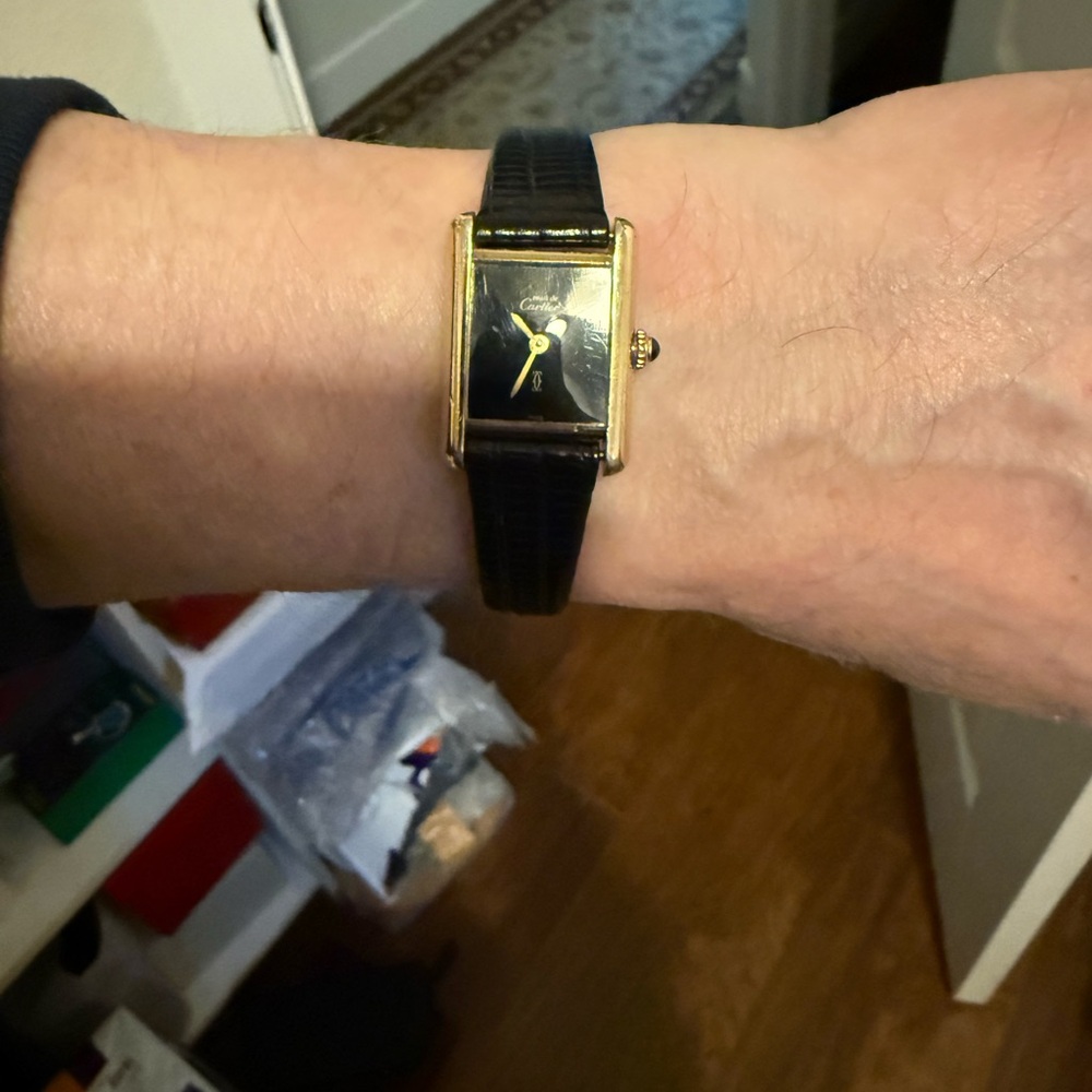 Cartier Tank Style With Black Dial, Solid Sterling Silver Plated in 18k Gold - Picture 10 of 16